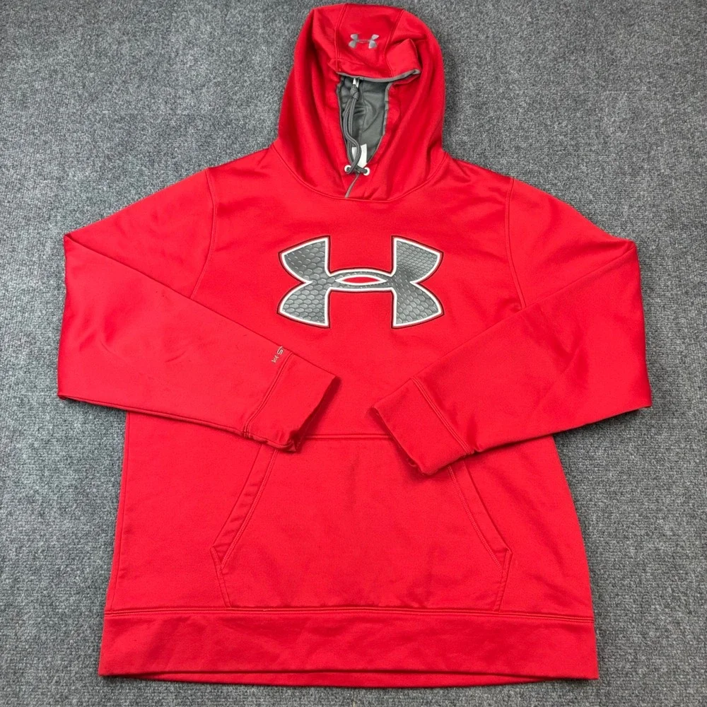 Under Armour Storm Hoodie Mens‎ Size Large Red Grey Big Logo Fleece Sweatshirt